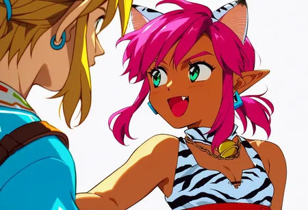 score_9, score_8_up, score_7_up, score_6_up, Masterpiece, source_anime screenshot, duo, 1 girl, 1 boy, vivid colors, full color, shiny and glossy, anime style, high-res, beautiful aesthetic, very intricate, high-quality details, vibrant, highly detailed, award-winning, professional, <lora:pink-ponyxl-v2:1>, 1 girl, single fang showing, sleeveless dress, white tiger print dress, pelvic curtain, cleavage, white cat ears, cat bell necklace, bright pink hair, tanned, white tiger tail, red sash, small breasts, leather shoes, detailed eyes, green eyes, detailed face, break, <lora:link:1> 1boy, link1, link, pointy ears, blonde hair, blue eyes, medium hair, side locks, earrings, short ponytail, blue hylian tunic, break, pink and link turning away from viewer, looking away from viewer, pointing and laughing at something behind them, mocking laughter, blank white background, zoom out, pink and link backs to the viewer
