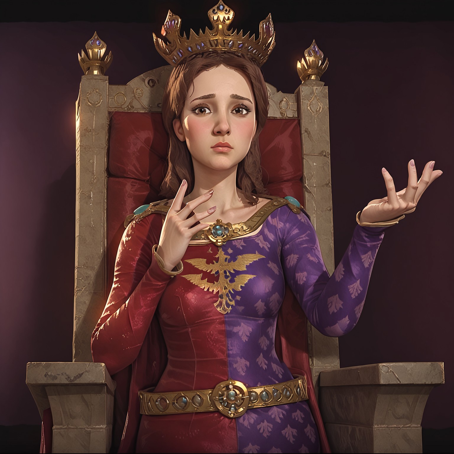 1girl, solo, Jadwiga, crown, brown hair, brown eyes. red and purple dress, sleeveless dress, extending hand in greeting in front of throne
