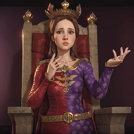 1girl, solo, Jadwiga, crown, brown hair, brown eyes. red and purple dress, sleeveless dress, extending hand in greeting in front of throne