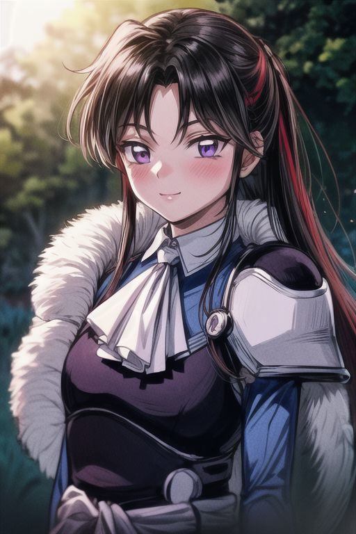 masterpiece,  best quality 1girl Setsun4 solo long hair,  (night time) forest background black hair very long hair purple eyes multicolored hair armor (fur trim) (medium body),<lora:EMS-179-EMS:0.800000>,<lora:EMS-293862-EMS:0.800000> bow, hair_bow, hair_tubes, red_bow, brown_hair, long_hair, bangs, ascot, frilled_bow, yellow_ascot, blush, smile, hair_between_eyes, athletic, armor