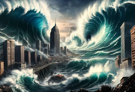 <lora:add-detail-xl:1.6> <lora:Epic_Landscape_Generator_XL:1.1>tsunami apocalypse, giant waves crashing into a city, chaos, destruction, apocalypse, end of the world, explosive light, masterpiece, high quality, high detail, best quality