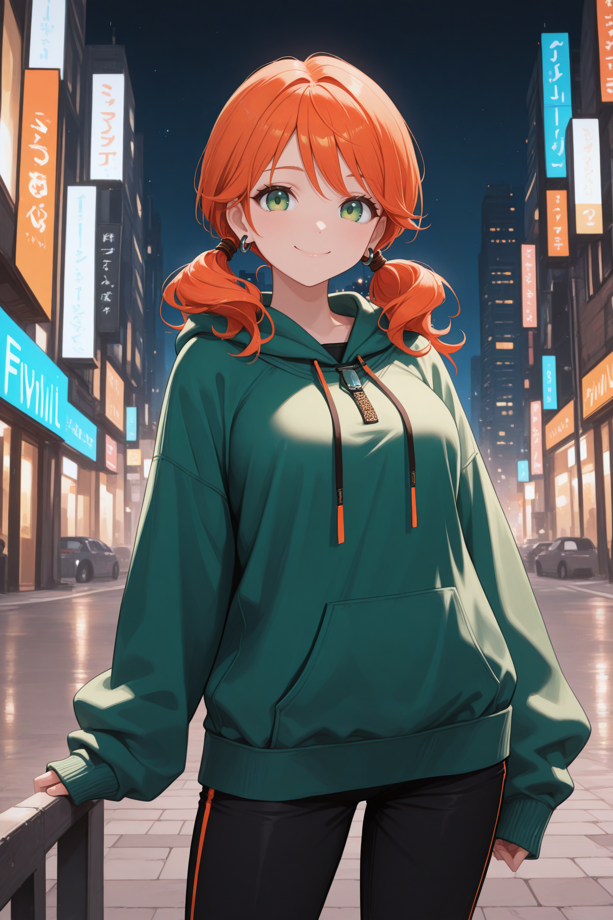 masterpiece, best quality, 1girl, solo, <lora:ffvanille-illu-nvwls-v1-000006:1> ffvnil, orange hair, short twintails, low twintails, green eyes, earrings, green hoodie, sleeves past wrists, black pants, standing, city street, night, looking at viewer, smile