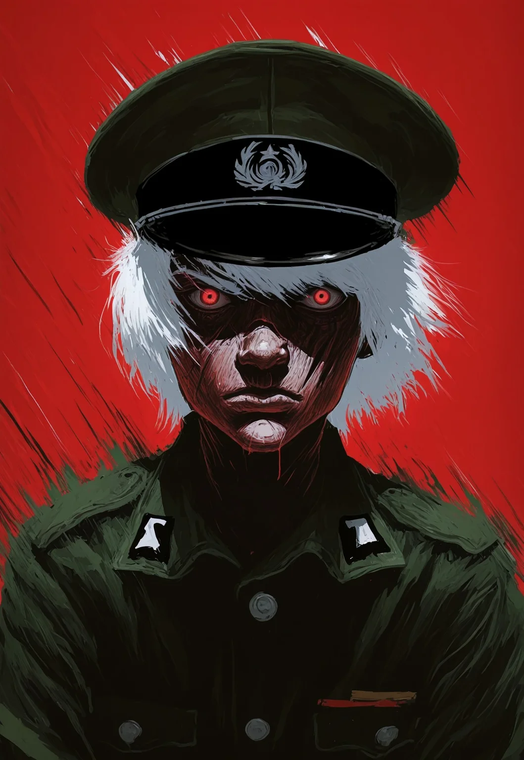 masterpiece, best quality, 1nkPnk, solo, hat, 1boy, male focus, red eyes, uniform, looking at viewer, red background, military uniform, military, scar, military hat, white hair, short hair, upper body, scar on face, closed mouth, peaked cap, rough sketch, messy, comic art style, ink splatter, painting (medium), paint, ink (medium), pencil (medium), sketch, zoom out, speed lines, action, cinematic