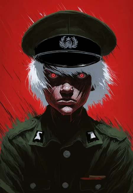 masterpiece, best quality, 1nkPnk, solo, hat, 1boy, male focus, red eyes, uniform, looking at viewer, red background, military uniform, military, scar, military hat, white hair, short hair, upper body, scar on face, closed mouth, peaked cap, rough sketch, messy, comic art style, ink splatter, painting (medium), paint, ink (medium), pencil (medium), sketch, zoom out, speed lines, action, cinematic