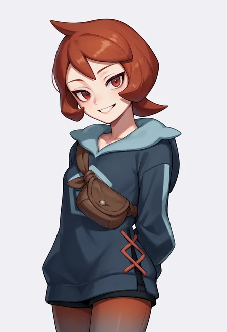 score_9, score_8_up, score_7_up, score_6_up, score_5_up, score_4_up, BREAK, source_anime,
1girl, arezu, red hair, cow lick, short hair, red eyes,
hoodie, pantyhose, brown bag, pantyhose under shorts,
arms behind back, smile, looking at viewer, solo, simple background, white background <lora:ArezuXL:1>