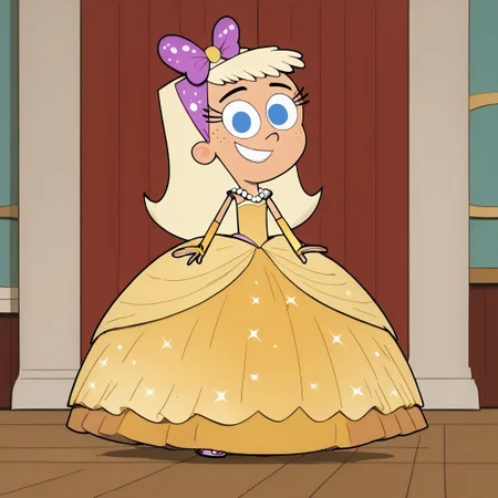 score_9, score_8, score_7, BREAK, chloe_fop, long hair, blonde hair, blue eyes, freckles, hair bow, cute, Very long large straight sparkling tulle yellow princess ball gown hoop skirt, ball gown hoop skirt, yellow princess dress, hoopdress, my big sparkly gypsy wedding dress, ballgown, She is wearing long elbow length yellow fingerless bridal gloves, white pearl necklace, a girl in a big wide poofy floor length posing for a picture, wearing a sleeveless ballgown, looking at viewer and smiling, standing, smiling, full body, looking at viewer