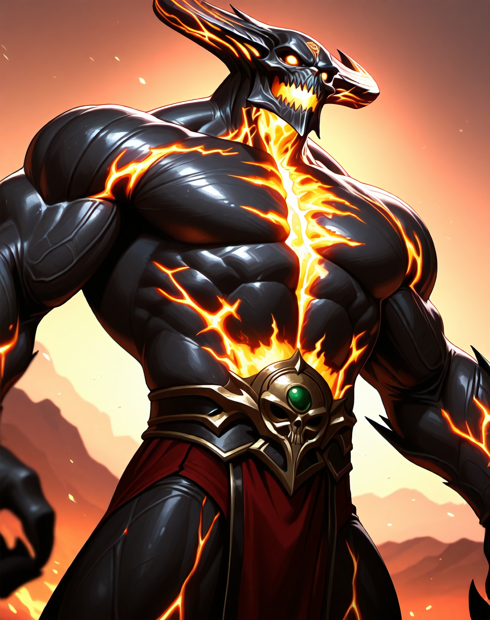 <lora:Corrupted_Shinnok_(Mortal_Kombat)_(Illustrious)_(AD):0.65> Corrupted Shinnok, muscular, Mortal Kombat,
((
dutch angle, exterior, battleground, dynamic action, dutch angle,
unstoppable end boss, video game screenshot, male chest focus, bent arm, hyper muscular, ready fighting pose, 
large shoulders, large biceps, large thighs, large rounded protruding pecs, thick neck, wide thick upper body, 
)), 
BREAKvery awe, aesthetically pleasing, masterpiece, best quality, amazing quality, very aesthetic, perfect depth of field shot, masterclass color theory, in'ei, gradient style coloring, 
Smooth Quality, lazympos, IllustQualXL_Pos,