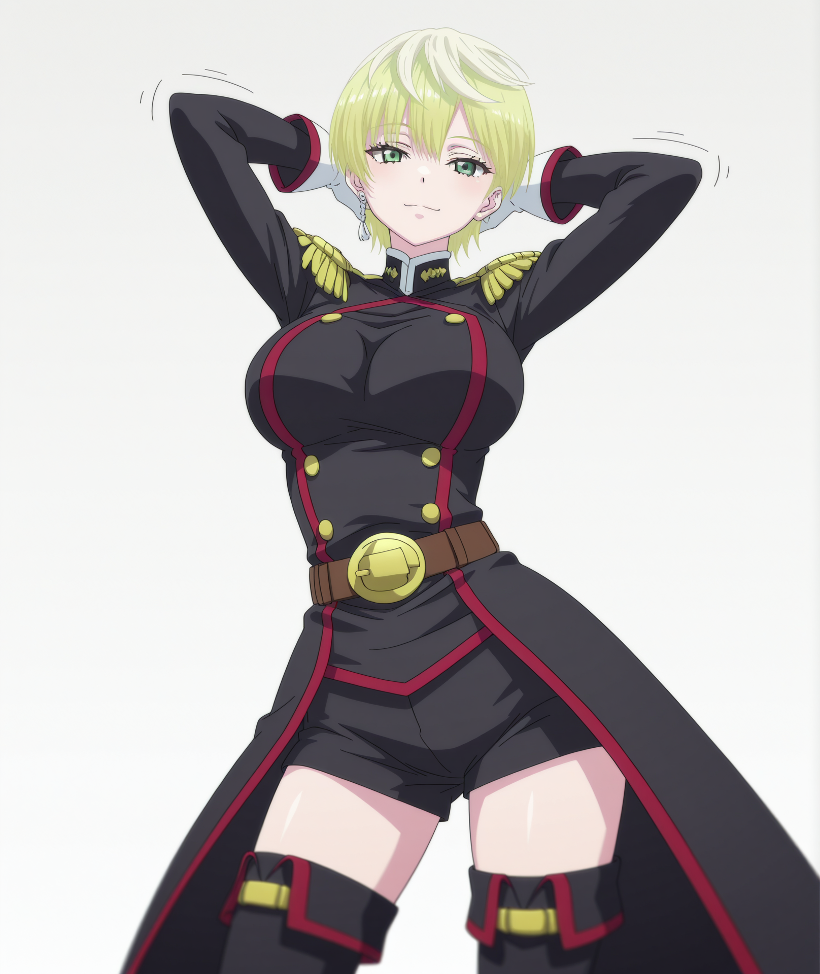 official art, absurdres, highres, hi res, best quality, masterpiece, 2d, intricate details, 4k, anime coloring,
1girl, solo, female, eyelashes, nose, short hair, blonde hair, jewelry, green eyes, earrings,
thighhighs, gloves, shorts, belt, white gloves, uniform, military, military uniform, epaulettes, black jacket, jacket,
boots, thigh boots, black thighhighs, black footwear,
cowboy shot, foreshortening, looking at viewer, facing viewer, front viewer, arms behind head, jiggle, contrapposto,
depth of field, white background, gradient background, <lora:Tenka_Izumo_ILXL:1>, izumo tenka, mato seihei no slave,