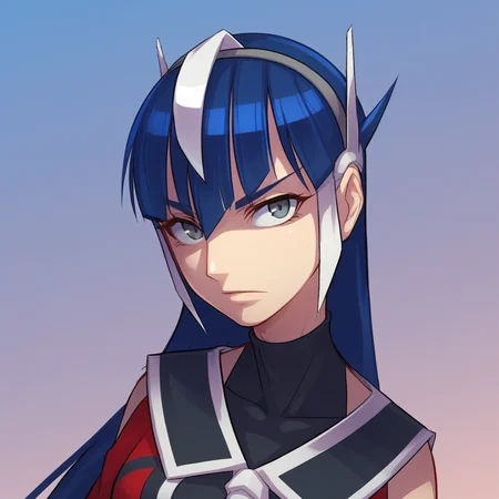 score_9_up, score_8_up, BREAK, OptimusPrime, 1girl, solo, blue hair, long hair, grey eyes, headgear, shirt, upper body, <lora:OptimusPrime_RYUSEI-R_PXL_Leaf1:1>
