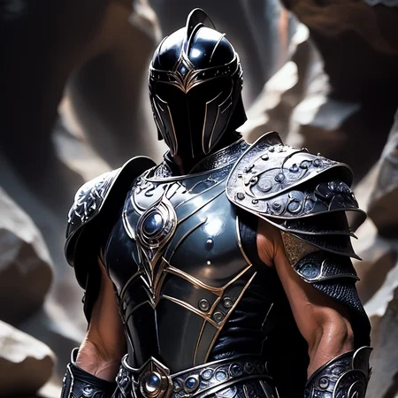 core_9, score_8_up, score_7_up, score_6_up,<lora:Year_3000_Movie_StillsPony:1> ArsMovieStill, A movie still from the year 3000s, The image shows a person wearing a full suit of armor standing in front of a rocky background. The armor appears to be made of metal and has a shiny metallic finish. The person is wearing a black helmet with a large visor and a faceplate that covers the entire face. The helmet has a pointed chin and a small chin guard. The body of the armor is covered in a pattern of small intricate designs and patterns. The suit is also equipped with shoulder pads and a chest plate that covers most of the person's chest and arms. The overall appearance is sleek and modern., helmet, armor, solo, male focus, blurry background, full armor, blurry, 1boy, upper body, breastplate