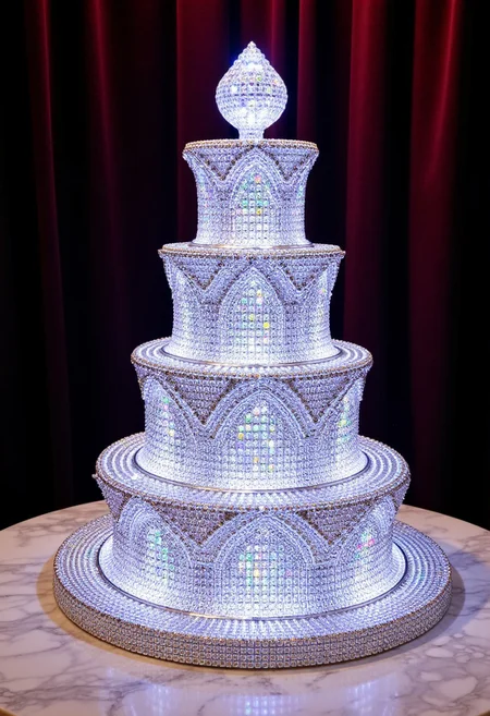 A hyper-realistic cake made entirely of dazzling iced-out diamonds, each facet reflecting light in a brilliant spectrum of colors. The multi-tiered cake has intricate, diamond-studded layers, with sharp, precise edges giving it a sculptural, crystalline appearance. Every made out of ck-iced-out-jewelz, ck-iced-out-jewelz detail is crafted from cut gemstones, forming delicate patterns that shimmer under soft spotlighting. The top of the cake features a large, radiant diamond centerpiece, emitting a radiant glow. The surrounding environment is a luxurious, opulent setting with velvet drapes and polished marble surfaces, creating a stunning contrast with the cake’s sparkling brilliance. Shot from a low-angle, capturing the full grandeur of the design with light refracting off the diamonds, creating a mesmerizing play of reflections and glints.