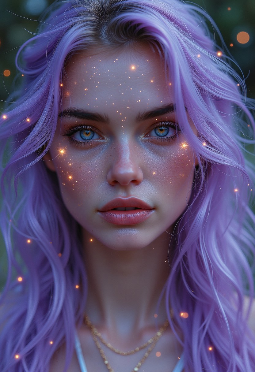 A portrait of a woman, center pose, soft focus, with translucent lavender hair, flowing gently like mist. Her face is etched with faint, glowing stars that move slowly across her skin, implying she has powers tied to the galaxy or cosmic energy.
