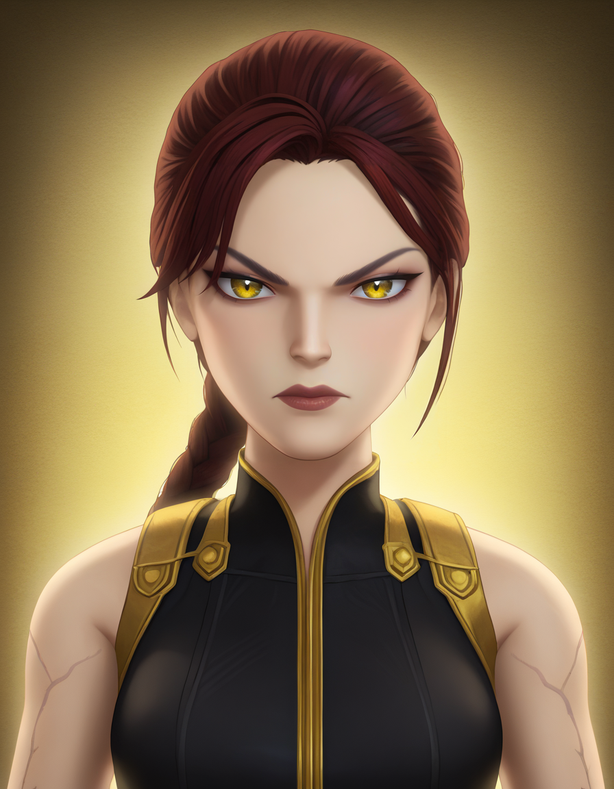 Masterpiece, high-res, 2k, best quality, 2d,  1 girl, laradopple , yellow eyes,  serious, medium shot, black veins, <lora:Lara_dopple_pony-000043:1> Seductive Side Bend: Bend to one side extending your arm and letting your hair flow freely creating a pose that exudes grace and allure.
