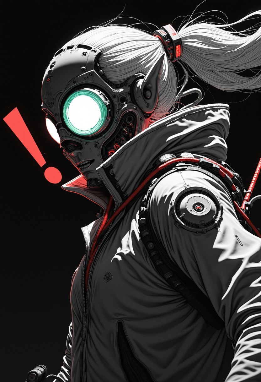 A sinister-looking female elf floats in weightlessness, her high collar framing her face like a steel blade. Her large, round eyes—glowing white, fading into a soft pastel turquoise—pierce through the darkness, surrounded by deep shadows. Her long ponytail drifts, as if moved by an unseen current.
The scene is monochrome with striking red accents, glowing like warning lights. A single red exclamation mark burns in the background, a silent omen of impending danger. Her futuristic jacket bears the scars of countless battles: exposed wires and mechanical parts jut from her shoulders and arms, while tangled circuitry and rough textures give her an industrial, battle-worn edge. The sketch-like neon glow outlines her form, enhancing the feeling of motion—like a ghost in the machine, frozen in a moment of eerie, electric intensity.