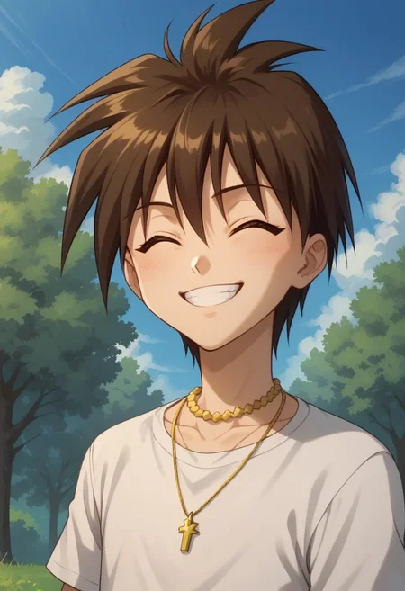 score_9, score_8_up, score_7_up, source_anime, highly detailed, 
kaoru, solo, closed eyes, smile, ^ ^, brown hair, short hair, grin, necklace, jewelry, necklace, 1boy, shirt,
white shirt,
outdoor, sky, cloud, trees