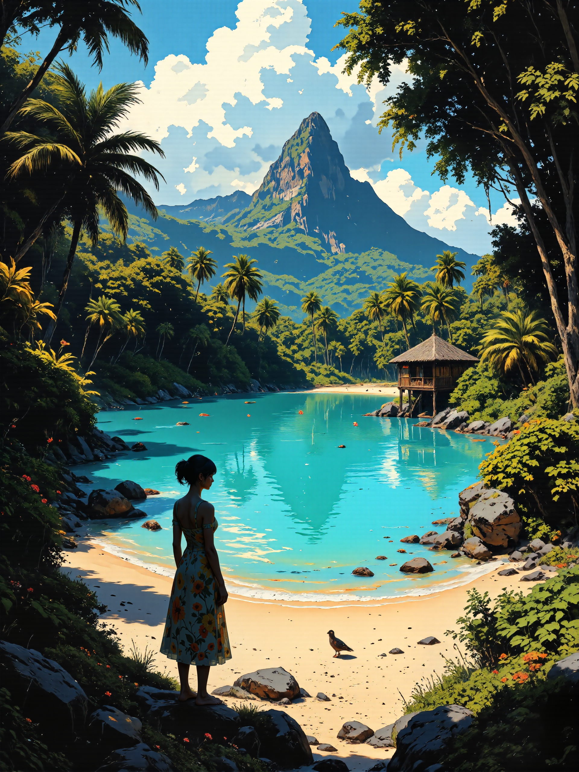 oil painting style, masterful composition, highly detailed, intricate, dappled sunlight, dramatic sky with beautiful clouds, a breathtaking idyllic painting blending impressionism with romantic realism, a tranquil lagoon at bora bora in french polynesia, the turquoise waters shimmer under the golden afternoon sunlight, framed by lush tropical vegetation and tall swaying palm trees, beautiful thatched huts sit on stilts over the lagoon, their reflections softly rippling on the surface, in the background, the towering green peak of mount otemanu rises majestically against a sky painted in soft blues and fluffy white clouds, in the foreground, the sandy shoreline glows warmly, scattered with small rocks and vibrant greenery, a lone woman wearing a light colorful summer dress in a soft breeze stands barefoot at the edge of the lagoon, gazing across the beautiful scenery, the lagoon teems with life, beautiful tropical hibiscus flowers and a colorful bird, perched on a twig, add to the exotic atmosphere, the composition is expansive and immersive, capturing the breathtaking natural beauty of the scene, the viewpoint is just above the right shoulder of the woman, soft and diffused lighting highlights the richness of the tropical palette, emphasizing hues of emerald green, aquamarine, and warm sandy tones, while the gentle glow of the sky adds warmth to the scene, brushstrokes are fluid and expressive, blending rich textures with intricate details, the painting captures the interplay of light, water, and foliage with a delicate and harmonious touch, subtle dappled shadows bring depth to the lagoon and its surroundings, creating a sense of realism and romantic allure, painted with masterful attention to detail, the image employs a balanced and harmonious color palette, capturing the idyllic and serene beauty of bora bora, evoking a sense of tranquility and timelessness, the image is painted in a timeless style, blending realism with a touch of dreamlike quality, vivid colors and soft gradients emphasize the tropical setting, dark corners, tranquil, serene, idyllic, amanoer, aidmafluxpro1.1, <lora:style-ethereal_brush-anime-flux-by_karlanan:0.6> <lora:style-yoshitaka_amano-elden_ring-flux-by_alicient:0.4> <lora:epic_gorgeous_details-balance-flux-by_flyway:0.4> <lora:flux_pro1.1_detailer-v0.2-flux-by_aidma:0.16> <lora:faetastic_details-flux-by_faeia:0.6>