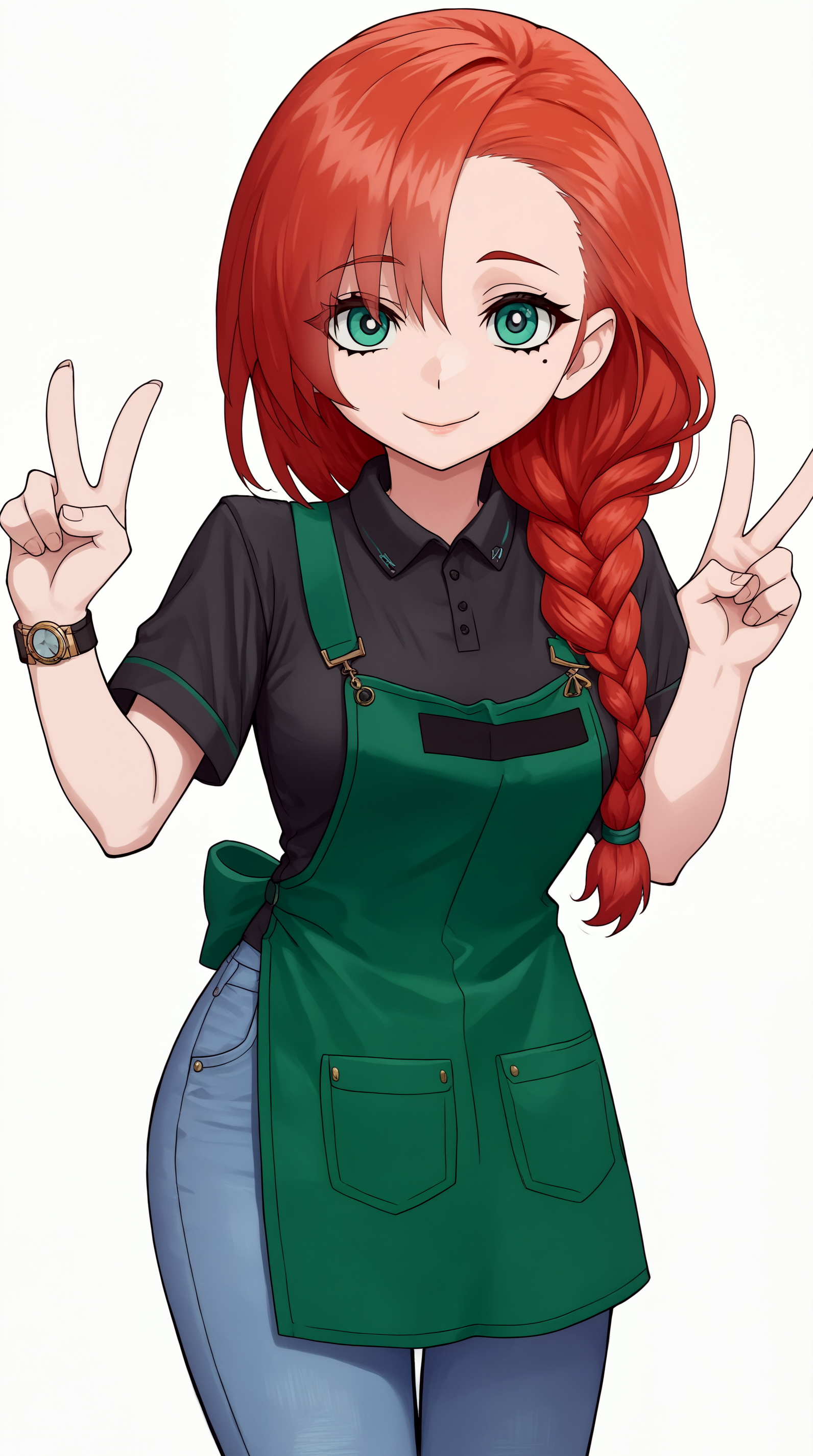 score_9, score_8_up, score_7_up,anime_source, source_anime, best background, detailed background, anime screencap,simple background, white background,    zzzemoji, leaning forward, pose, aside, v-sign,  yasuka, 1girl, solo, apron, red hair, braid, pants, shirt, long hair, green apron, jeans, green eyes, denim, black shirt, uniform, short sleeves, smile, looking at viewer, mole under eye, collared shirt, employee uniform, hair over shoulder, mole, single braid, wristwatch, closed mouth, blue pants, breasts  <lora:Yasuka_PONY:0.8>  <lora:ZZZ_Emoji_style_PONY:1>