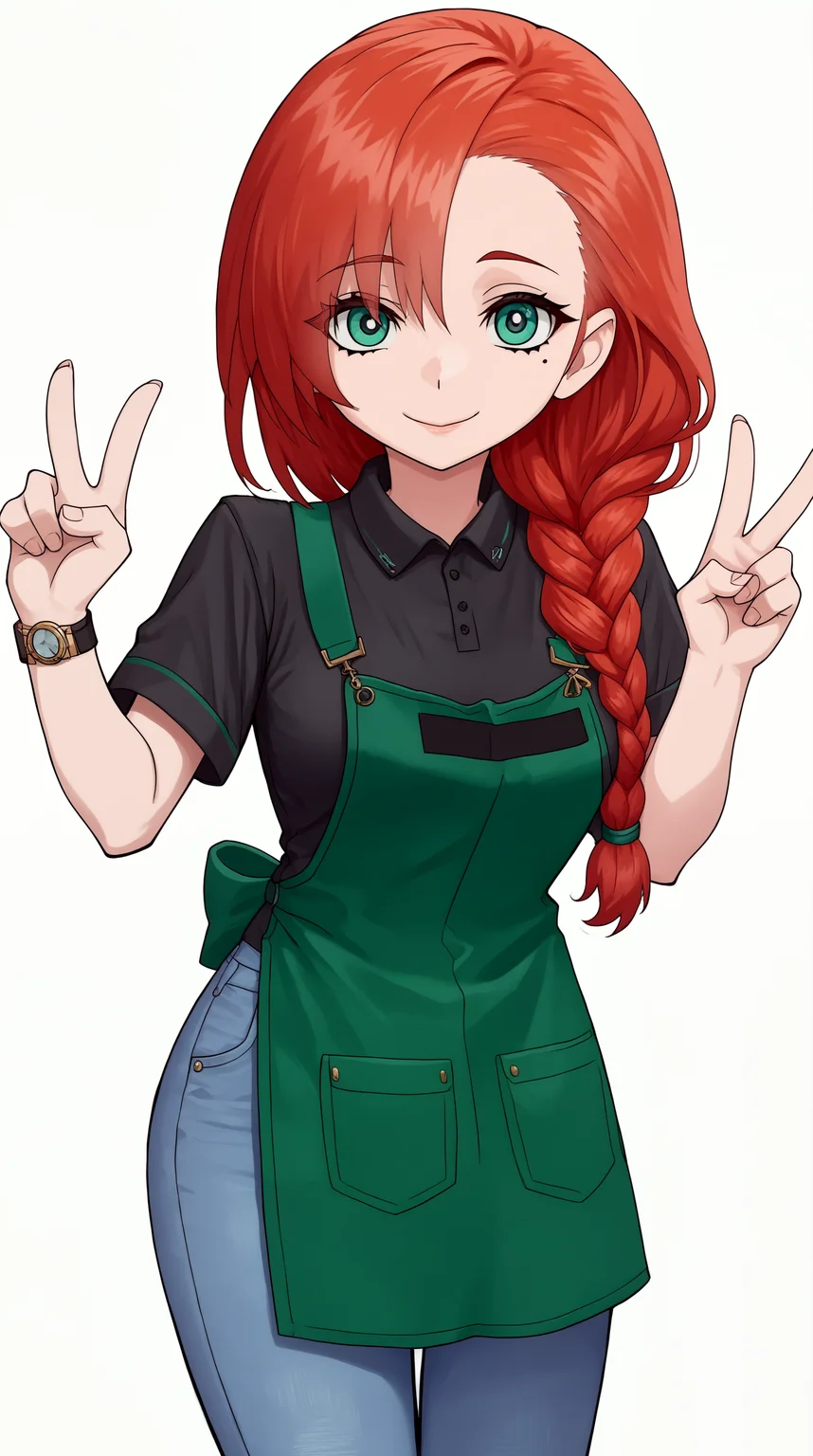 score_9, score_8_up, score_7_up,anime_source, source_anime, best background, detailed background, anime screencap,simple background, white background, zzzemoji, leaning forward, pose, aside, v-sign, yasuka, 1girl, solo, apron, red hair, braid, pants, shirt, long hair, green apron, jeans, green eyes, denim, black shirt, uniform, short sleeves, smile, looking at viewer, mole under eye, collared shirt, employee uniform, hair over shoulder, mole, single braid, wristwatch, closed mouth, blue pants, breasts <lora:Yasuka_PONY:0.8> <lora:ZZZ_Emoji_style_PONY:1>