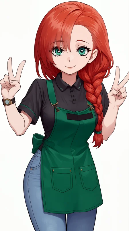 score_9, score_8_up, score_7_up,anime_source, source_anime, best background, detailed background, anime screencap,simple background, white background, zzzemoji, leaning forward, pose, aside, v-sign, yasuka, 1girl, solo, apron, red hair, braid, pants, shirt, long hair, green apron, jeans, green eyes, denim, black shirt, uniform, short sleeves, smile, looking at viewer, mole under eye, collared shirt, employee uniform, hair over shoulder, mole, single braid, wristwatch, closed mouth, blue pants, breasts <lora:Yasuka_PONY:0.8> <lora:ZZZ_Emoji_style_PONY:1>