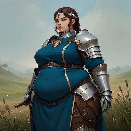 <lyco:SyMix_Pony_v05a02:1>, score_9, score_8_up, score_8, solo, 1 woman, adult, <lora:add-detail-xl:1>, <lora:EthicaXL:0.5>, fat ethica with a braided ponytail wearing warrior princess outfit, navy blue, knight, fat