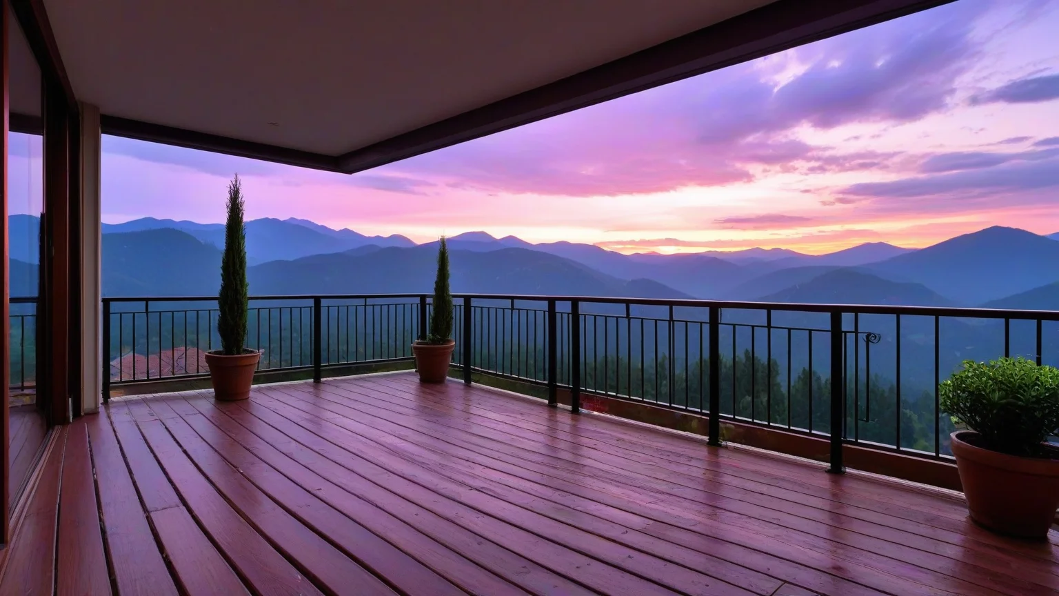 <lora:pytorch_lora_weights_361535:1>,a balcony facing the mountains at (dusk:1.1), sky streaked with (violet and crimson light:1.2), the air thick with the scent of rain on pine, soft silence settling between them.,, Masterpiece,best quality,realistic,HDR, 8K, masterpiece, best_quality, absurdres, ultra-detailed, highly_aesthetic, depth_of_field