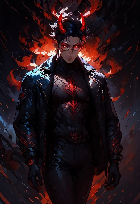 ((score_9, score_8_up, score_7_up,score_9, score_8_up, score_7_up)), (Masculine, Light/tan skin, Toned and 6'5 feet tall:1.4), 24 years old, Handsome face, smile face, perfect face, (((Black hair with neon red highlights))), ((Glowing neon Gold irises)), (Neon Red pupils), (White Sclera), shiny skin, Curley short haircut, ((2 spiral red horns)), (((Demon))), (Large muscle build), gages in ears, Neon tattoos on arms, wild hair, toned hips, ((fit look, large intelligent glasses)), ((Long Blue leather coat, dragon scale coat, black vest, black shirt, black pants)), shiny skin, dark aura, small light, warm lighting, (no nsfw), , stools, cowboy shot, dark dimension, black background, empty space, stars, dynamic action: throwing fists