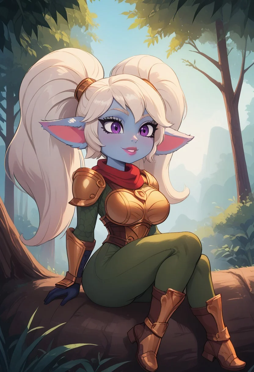 score_9,masterpiece, high quality,ultra detailed eyes,best quality,detailed eyes, beautiful, detailed background, perfect eyes,source_anime, very aesthetic, anime screencap, anime coloring,source_furry,Expressiveh,
1girl,solo,sitting,on tree,smiling,
tall girl,Poppy,lol,yordle,colored skin, blue skin,glossy skin, glossy body,deep skin,white hair,absurdly long hair,twintails,fluffy hair,fluffy ears,purple eyes,toned, long eyelashes,
perfect lips,(curvy:1.1), perfect naturally huge breast,huge thighs, perfect round huge ass,toned ass long legs, perfect ratio proportioned face, curvy shape, hourglass body, perfect waist to hip ratio, perfect female body,(perfect female hands:1.1),(perfect female legs:1.1),
pink lipstick,golden armor, red scarf,green snakeskin shirt, green snakeskin pants, brown boots,
forest,
