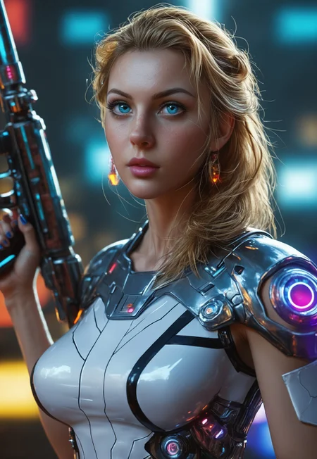 A highly detailed, realistic photo of an incredibly beautiful Caucasian woman standing boldly in a futuristic, cyberpunk cityscape. She has long, wavy golden hair that flows dramatically behind her, and her deep blue eyes gleam with determination and strength. Her fair skin is smooth and luminous, with a natural, healthy glow. She is dressed in a sleek, form-fitting cybernetic armor that accentuates her extremely voluptuous bustline and well-toned, athletic physique. The armor is adorned with glowing neon accents, highlighting her hourglass figure and powerful stance. She holds a futuristic, high-tech energy rifle, ready for action. Behind her, the city is a blend of towering neon-lit skyscrapers and ancient, mystical ruins, creating a unique fusion of cyberpunk and fantasy elements. The sky is filled with holographic advertisements and flying drones, while the air is thick with the scent of ozone and magic. The woman's expression is fierce and focused, as if she is prepared to face any challenge that comes her way
((standing, upper body shot, pose variation:1.5, alternate pose:1.5))
(8k uhd:1,4)
<lora:Dynamic Poses:1>
<lora:detailed_notrigger:1>