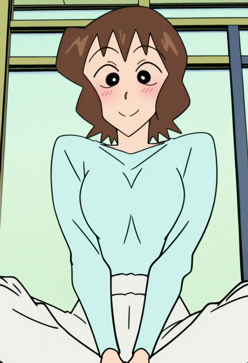 best quality, masterpiece, anime screencap, anime coloring, ultra detailed, source_anime, intricate details, perfect anatomy,nohara musae, 1girl, brown hair, black eyes, short hair, breasts, long sleeves, shirt, white pants, from below, smile, blush, sitting, smile, short hair, indian style,