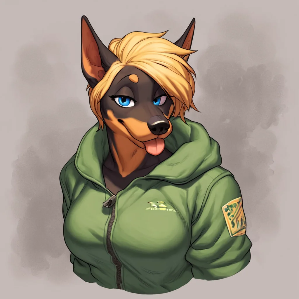 <lora:Meesh_Style_PonyXL:0.7>, meesh, by meesh,  score_9, score_8_up, score_7_up, score_6_up, score_5_up, score_4_up, source_furry, rating_safe, anthro, big breasts, clothed, clothing, countershading, female, fur, hair, jacket, multicolored body, multicolored fur, solo, tongue, tongue out, canid, canine, canis, dobermann, digital media (artwork), detailed background, blonde hair, blue eyes, white body, in a jacuzzi