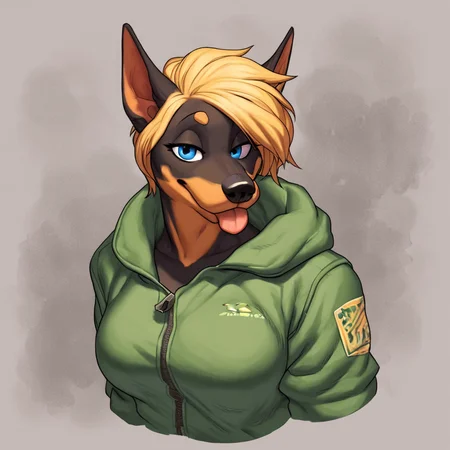 <lora:Meesh_Style_PonyXL:0.7>, meesh, by meesh,  score_9, score_8_up, score_7_up, score_6_up, score_5_up, score_4_up, source_furry, rating_safe, anthro, big breasts, clothed, clothing, countershading, female, fur, hair, jacket, multicolored body, multicolored fur, solo, tongue, tongue out, canid, canine, canis, dobermann, digital media (artwork), detailed background, blonde hair, blue eyes, white body, in a jacuzzi