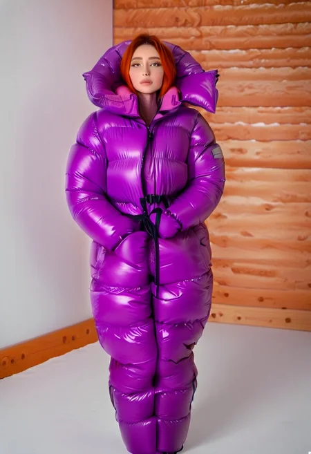 full body shot of one front cute, sweet woman, [person:0.75], radiating elegance and beauty. She is dressed in a violet ((hooded up  very puffer strait closed with puffy face mask glossuit)).She is ventilator dependant with a mouth intubation tube in her mouth coming from a breathing machine on the floor at the right of her feet, She couldn't breath without the breathing tube coming out of her mouth, (intubation:1.8), (breathing tube in mouth:1.5) ((High Yoked)). The lighting is mid, highlighting her features . Cinematic lighting, very cold, high resolution, winter fashion, realistic shading, , artstation, masterpiece. hd and high detailed clothing. down clothes by parkasite. sweetest, cutest. she stay fasten on a restraint harness, fasten on legs, fasten on arms, fasten on ankles, fasten on wrists, fasten on neck. (bokeh) <lora:Parkasite_v10:1.0> <lora:Segufix_V1_1:0.9>
