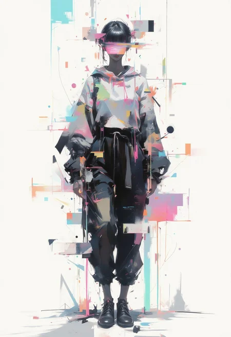 aidmaimageupgrader, female character in the center, minimalist composition, geometric patterns, glitchcore aesthetic, white space, worn textures, soft gradients, subtle digital distortion, muted neon accents, ethereal lighting, fragmented glitch effects, abstract shapes, delicate futuristic fashion, glowing holographic details, broken symmetry, faded digital artifacts, serene atmosphere, subdued color palette, glitching outlines, soft focus background, minimal futuristic setting, degraded glitch effects, dreamlike ambiance, quiet elegance,pscho_4rt