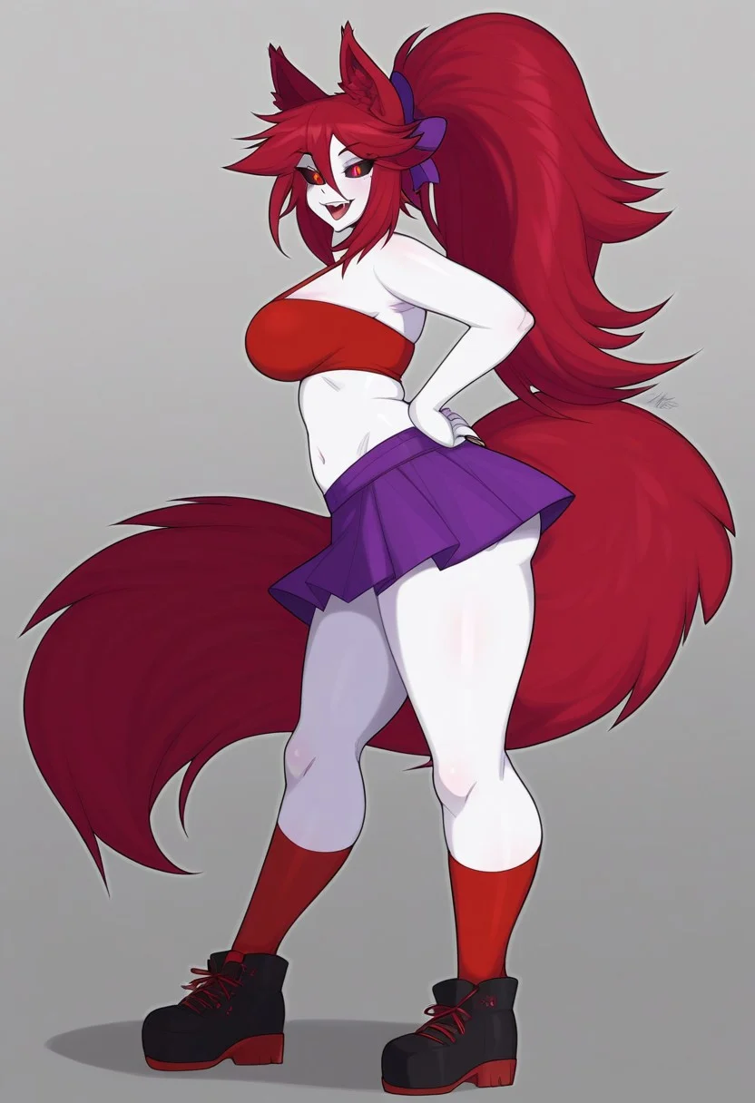 Masterpiece, High quality, Best quality, perfect eyes, perfect body, Very good quality, Oc, solo, 1girl, tall, adult, animal ears, tall wolf ears, colored sclera, wolf tail, red wolf tail with white mark on tip of tail, ((red wold tail)) purple skirt, red bikini, black sclera, ((Black sclera)) Red pupils, long red hair, long red ponytail, pink hair bow, red hair, midriff, white colored skin, ((white skin)), navel, red socks, small black shoes, standing, side view
