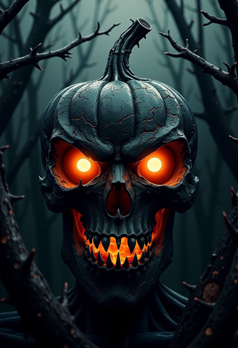 The image shows a haunting, Halloween-inspired scene featuring a menacing pumpkin that has been transformed into a skull. The pumpkin, rendered in dark, glossy black tones, bears an eerie resemblance to a human skull with jagged teeth and hollowed-out eye sockets, glowing with an intense orange light from within. The sharp, cracked details of the surface give it an ominous, weathered look, while the stem at the top, gnarled and twisted, adds to its sinister nature. The background is dark and misty, with shadowy, thorny branches reaching out, creating a spooky atmosphere. The art style is hyper-realistic with smooth, glossy textures and dramatic lighting that emphasizes the glowing eyes and mouth. The overall tone is macabre and unsettling, perfect for a dark, gothic Halloween theme.