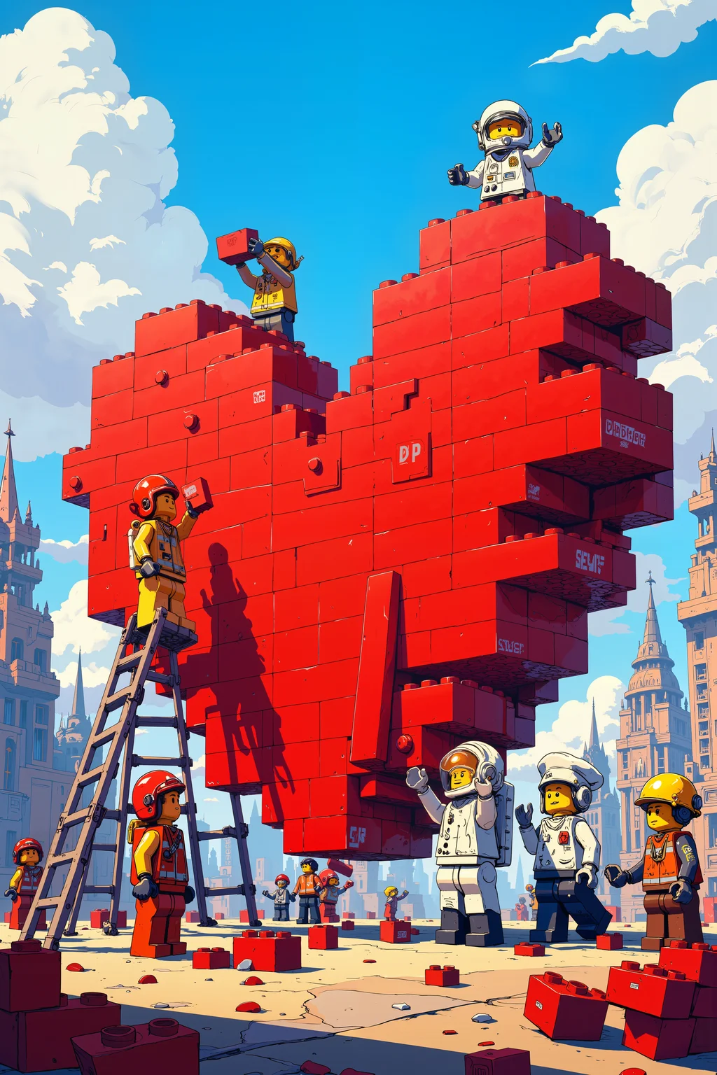 In the center of a bright, colorful LEGO city, a group of LEGO figures is gathered around a massive, half-built heart made entirely of red LEGO bricks. The heart towers over them, with its blocky edges forming a perfect, symmetrical shape, though a few gaps remain where bricks still need to be placed. A LEGO firefighter, wearing a red helmet and yellow uniform, stands on a small ladder, carefully positioning a brick near the top. Beside him, a LEGO astronaut in a white spacesuit with a golden visor holds a handful of bricks, ready to pass them up. A LEGO chef, dressed in a white uniform with a tiny rolling pin tucked into his belt, is helping a construction worker lift a large red block into place. The ground is scattered with extra bricks, and in the background, more LEGO figures cheer and wave as they watch the heart take shape. Above, the sky is a brilliant blue, with fluffy white LEGO clouds floating lazily in the distance. The scene is filled with teamwork and joy, as the tiny figures work together to complete their enormous creation. , detailed background Fantastic lighting. Detailed shadows.intricate details, vivid colors, hyper-detailed, ultra-sharp, , DB4RZ, DB4RZ style painting, NeoPigma, in the style of cksc, anime, cyberpunk, a masterpiece, award winning,<lora:CPA:0.5><lora:FLUX-daubrez-DB4RZ:0.3><lora:NeoPigmaV3:0.35><lora:ck-shadow-circuit-000021:0.35>
