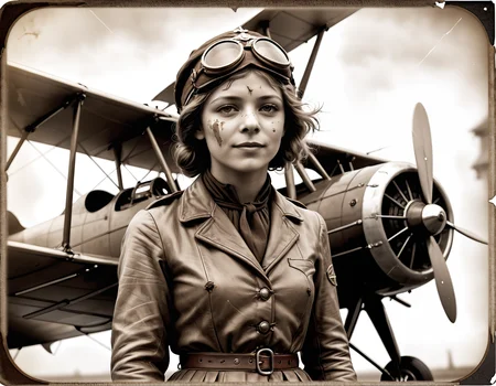 1914 photo of a female biplane pilot, 1900 pilot outfit, in a sepia style , ((old photo style)) , (( made with an bellows camera)), the borders of the photo a damaged (old photo)

