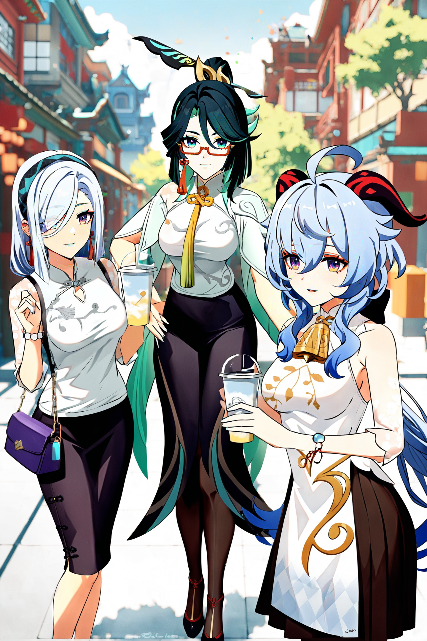 8k, best quality, masterpiece, (ultra-detailed:1.1), (high detailed skin), 
<lora:ganshenxian-A3-Tanger-000010:0.8>,3girls, Ganyu's casual clothes, shenhe's casual clothes, ganyu \(genshin impact\), shenhe \(genshin impact\), Xianyun's def clothes, Xianyun \(genshin impact\), glasses,long hair, blue hair, horns, purple eyes, ahoge, skirt, bangs, outdoors, street,
