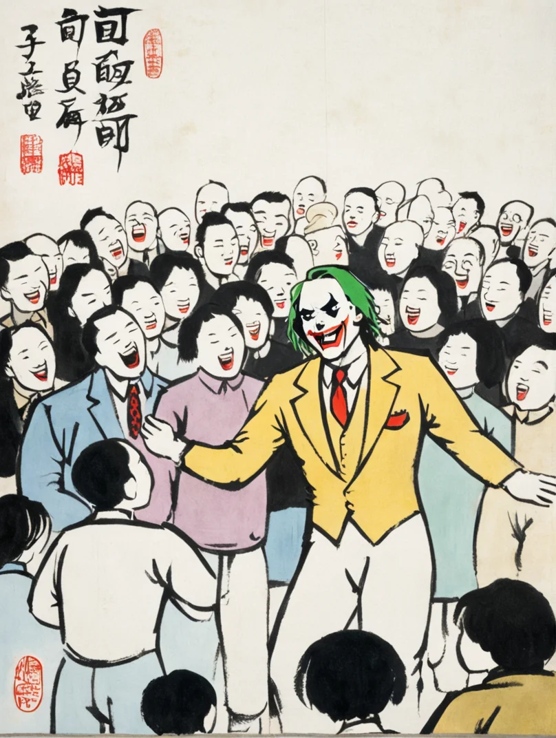 the joker in crowd, by Feng Zikai <lora:fengzikai_v1.0_XL:0.9>