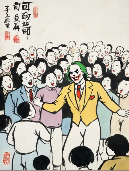 the joker in crowd, by Feng Zikai <lora:fengzikai_v1.0_XL:0.9>