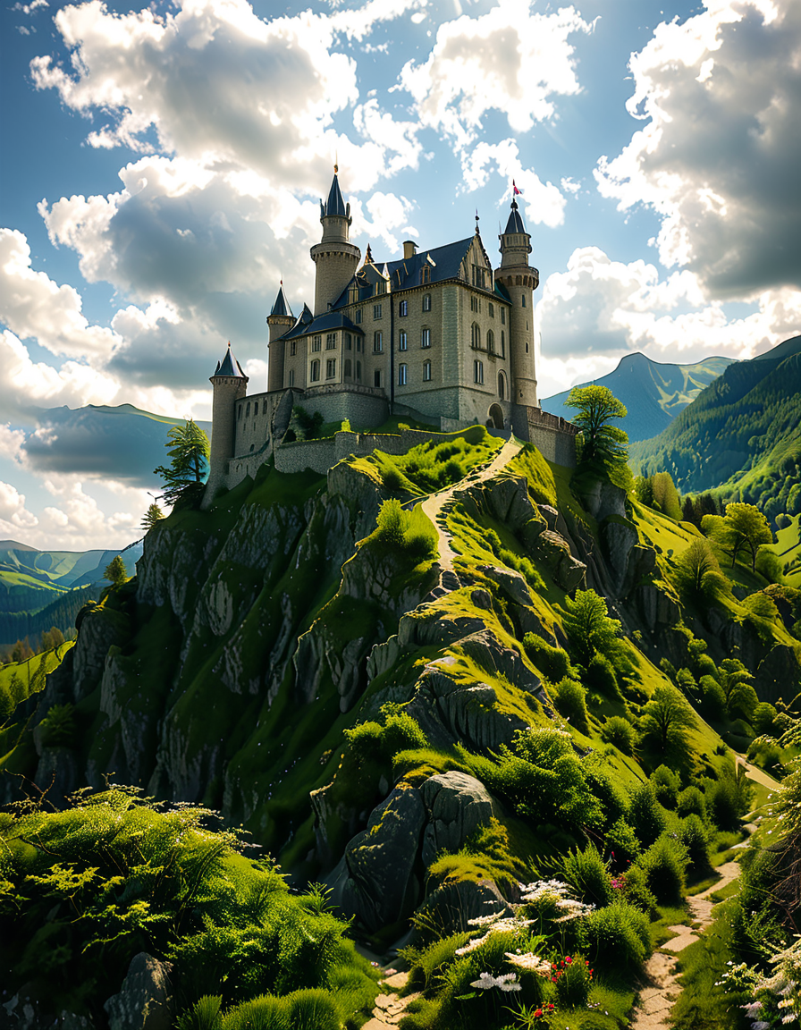 A realistic photograph of a grand medieval castle,medieval c4stl3, perched atop a rugged hill, surrounded by a scenic landscape. The castle is constructed from weathered gray stone, with tall, imposing towers, battlements, and a fortified wall encircling its perimeter. A large central keep rises above the other structures, its windows narrow and arched, evoking a sense of strength and history.
The hill is covered in patches of green grass and rocky outcrops, with a winding dirt path leading up to the castle gates. In the foreground, the surrounding countryside stretches out, dotted with small trees and wildflowers, while in the distance, rolling hills and a faint mist add depth and atmosphere to the scene. The sky above is partly cloudy, with rays of sunlight breaking through, casting dramatic shadows on the castle and hill.
The overall mood is majestic and timeless, capturing the grandeur and mystery of medieval architecture in harmony with its natural surroundings.<lora:SDXLFaeTastic2400:0.4> <lora:extremely_detailed:0.4> extremely detailed, <lora:medieval_c4stl3:1>, Masterpiece,best quality,hi res,8k,hi res,8k,award winning,(sharp focus, intricate, highly detailed),