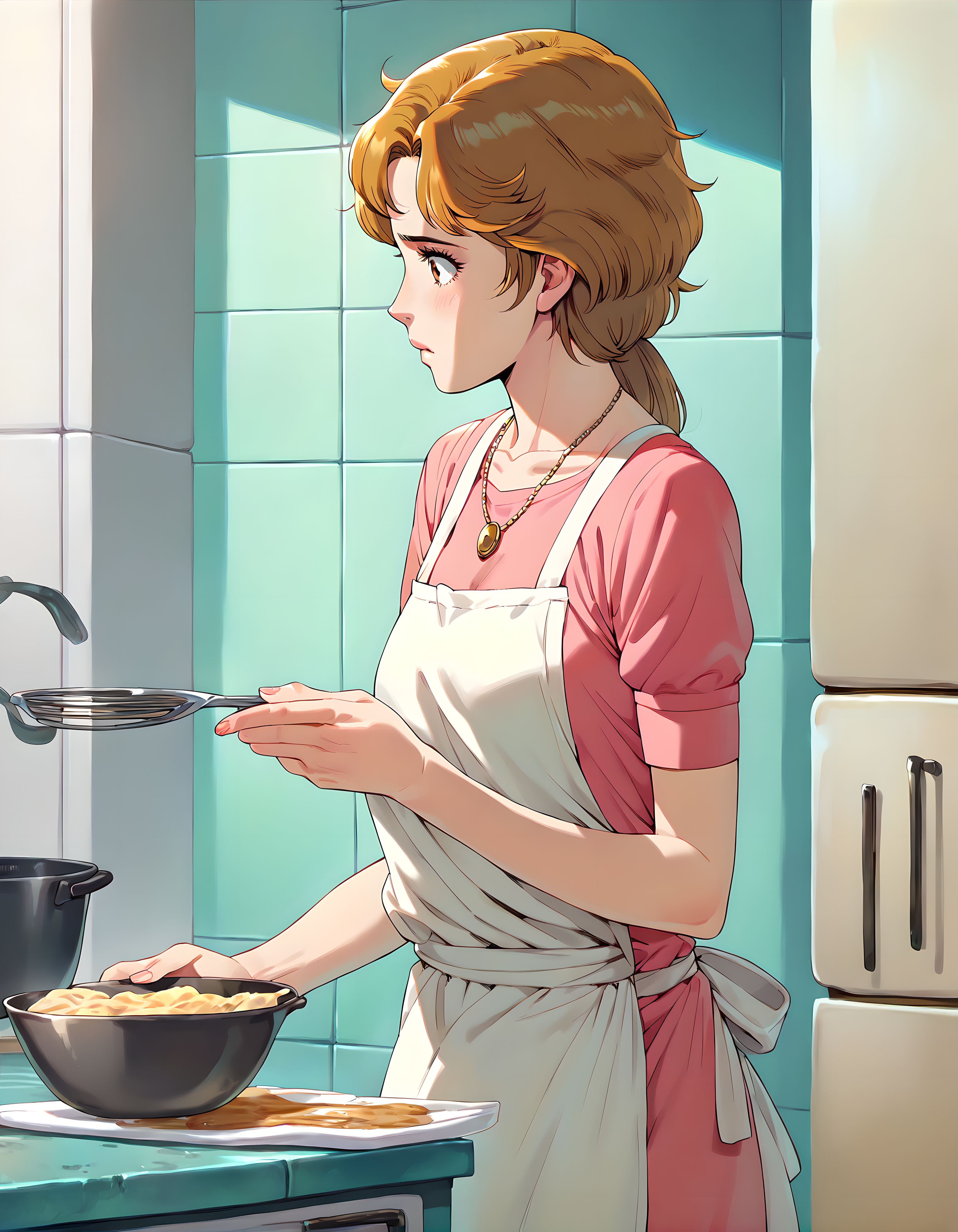 <lora:pony_xl_Frederica>,Frederica,score_9,score_8_up,score_7_up,1girl,solo,female,kawaii,cowboy_shot,pink shirt,shirt,short sleeves,apron,necklace,kitchen,cooking,burnt dishes,flustered,confused,looking_away,from_side,profile,