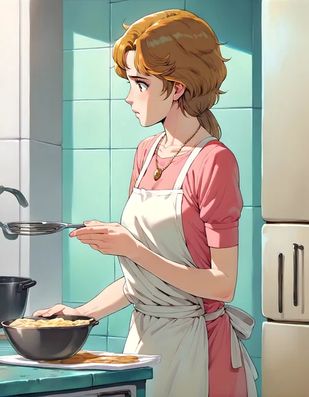 <lora:pony_xl_Frederica>,Frederica,score_9,score_8_up,score_7_up,1girl,solo,female,kawaii,cowboy_shot,pink shirt,shirt,short sleeves,apron,necklace,kitchen,cooking,burnt dishes,flustered,confused,looking_away,from_side,profile,