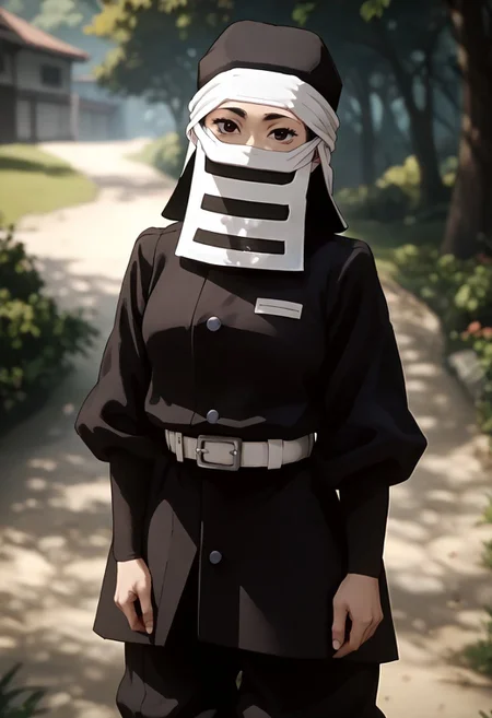 score_9, score_8_up, score_7_up, asian, masterpiece, ctiankakushi, black headwear, mouth mask, black uniform, white belt, black pants, outdoors, looking at viewer,