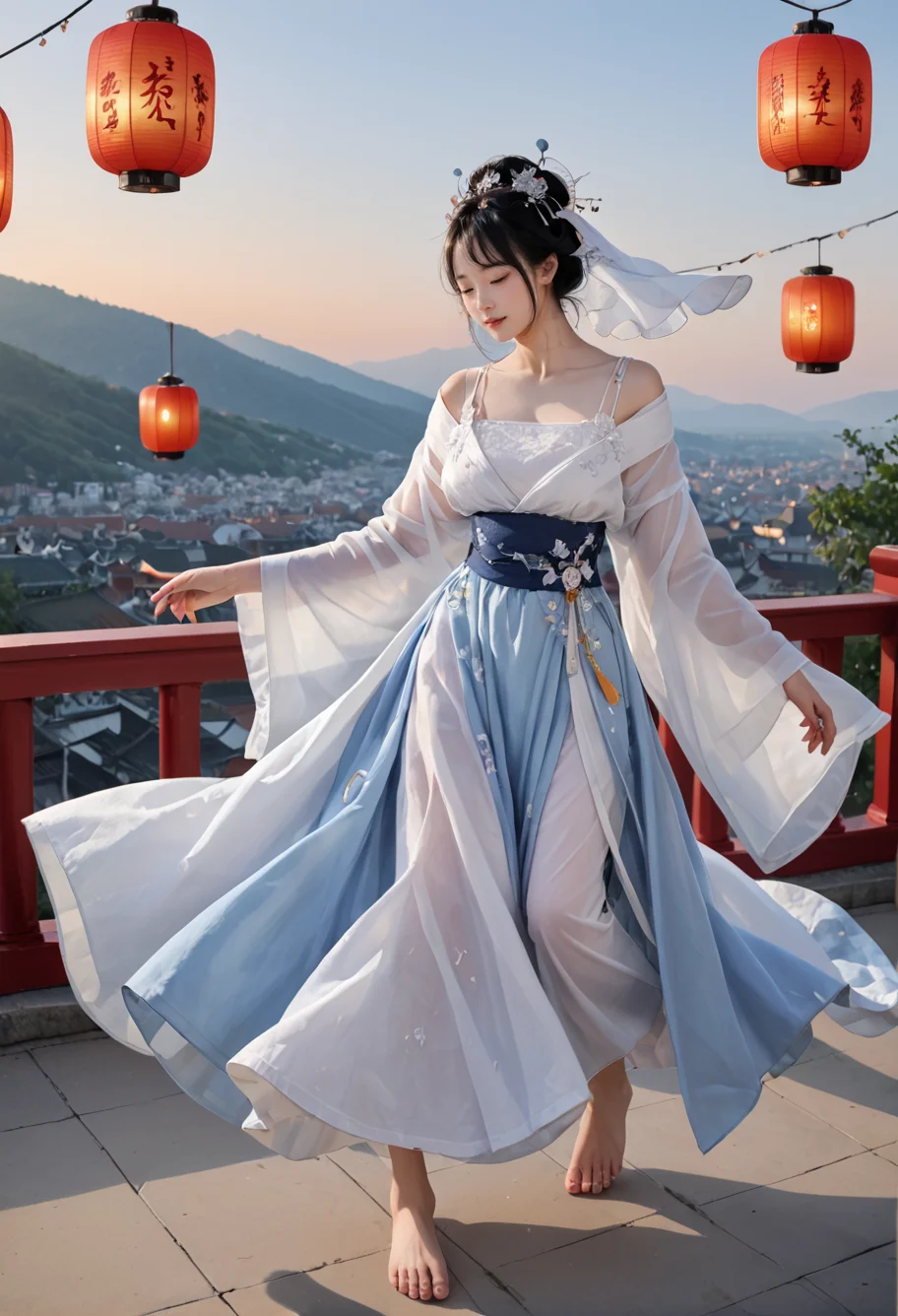 1girl,solo,barefoot,sky lantern,dancing,,ruanyi0759,blue dress,hanfu,jewelry,veil,off shoulder,wide sleeves,white dress,<lora:0759 Yingluo blue Hanfu_v1_pony:1>, score_9,score_8_up,score_7_up,,8k,1girl,solo,