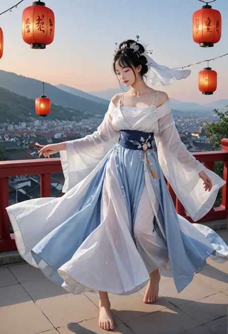 1girl,solo,barefoot,sky lantern,dancing,,ruanyi0759,blue dress,hanfu,jewelry,veil,off shoulder,wide sleeves,white dress,<lora:0759 Yingluo blue Hanfu_v1_pony:1>, score_9,score_8_up,score_7_up,,8k,1girl,solo,
