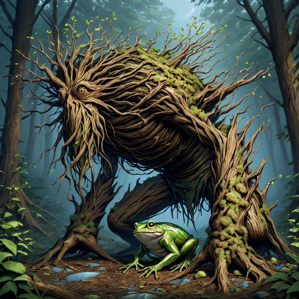 masterpiece, best quality, newest, absurdres, highres, FG-V2.0-Spirit, anima, animal focus, FG-V2.0, frog, no humans, monster, FG-V2.0-Treant, treant,