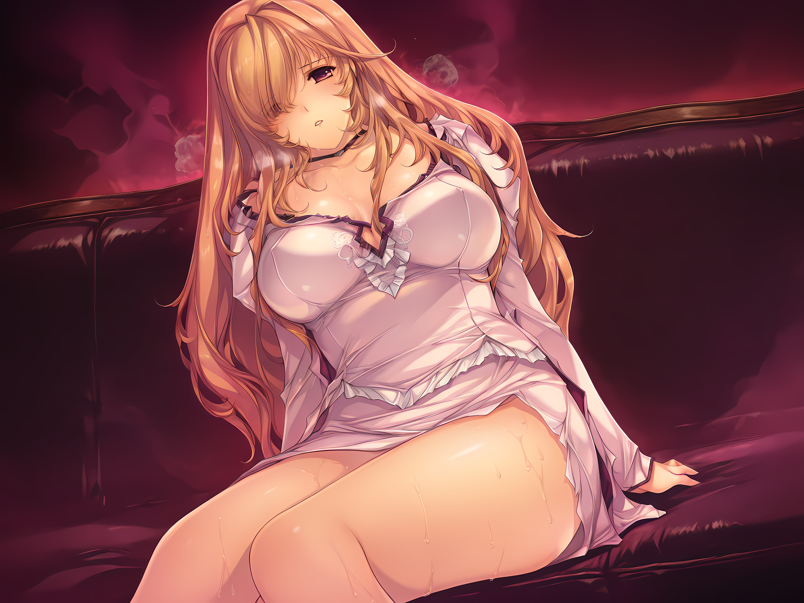 <lora:Oyako_Rankan_Illustrious:1>,1girl,solo,kotone,min-naraken,ksd outfit,looking at viewer,large breasts,bare legs,hair over one eye,aphrodisiac mist,very sweaty,heavy breathing,sitting,on couch,(legs apart:0.5),arms at sides,exhausted,parted lips,looking down,, masterpiece,best quality,amazing quality,