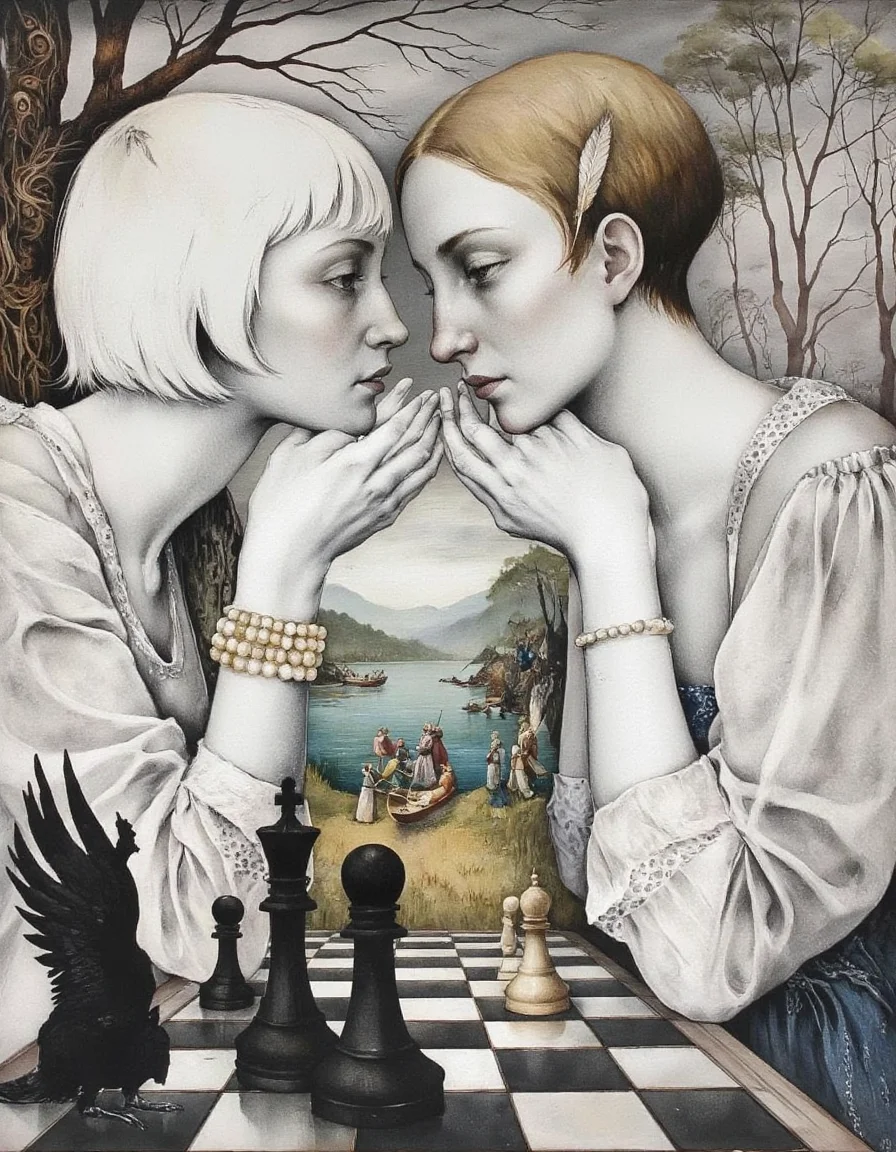 Art by Marina Richterova. A black and white illustration from a front camera angle about a contemplative scene depicting two women seated at a chessboard, facing each other with their hands clasped together. the woman on the left, who appears to be in her early twenties, has short, platinum blonde hair and is wearing a white dress with a pearl bracelet. she is looking to the side with a thoughtful expression. on the right, the woman, also in her mid-twenties, is also looking at the other woman with a gentle expression. she has a feather in her hair. the background shows a serene lake with a few people in a small boat. the scene is set in a wooded area with bare trees, and a small statue of a bird is placed on the chessboard in the foreground.