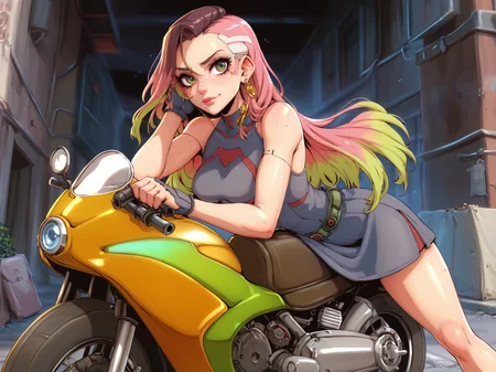 score_9,score_8_up,score_7_up,score_6_up, source_anime, <lora:MeMaXL_V3:1> a girl on a big motorcycle, multicolored hair, pale skinned female, green eyes, freckles, beautiful_detailed_eyes, medium breasts, light smile, bare shoulders, bare legs, bare arms, dark alley, HDR, cyberpunk, futuristic city
<lora:CoMix_BGXL_V2:1>